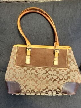 Coach Brown and Tan Signature Shoulder Bag